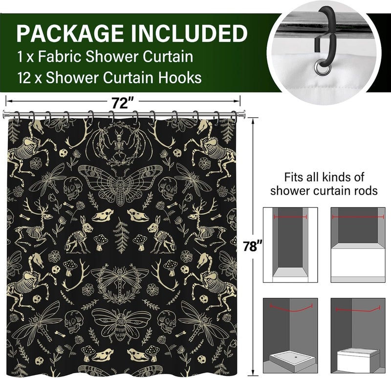TSLOVER Black and Gold Gothic Horror Skull Shower Curtains,Halloween Witchy Curtain for Bathroom with Butterfly Dragonfly Bee Decor,Spooky Waterproof Polyester Fabric Bath Curtain,72x78 in - Image 2